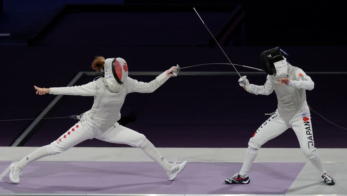 paris-olympics-fencing Canadian female fencer Eleanor Harvey, left, competes with Japan's female fencer in the women's team foil bronze final match during the 2024 Summer Olympics at the Grand Palais, Thursday, Aug. 1, 2024, in Paris, France.