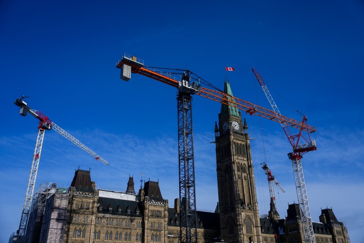 parliament-hill-feature-20250218 A series of cranes are seen over Centre Block on Parliament Hill in Ottawa.