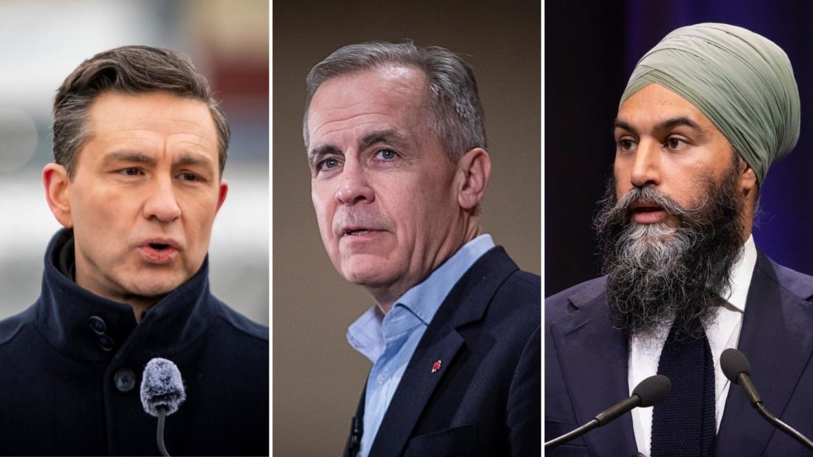 poilievre-carney-and-singh A composite of Polievre, Carney and Singh in that order.