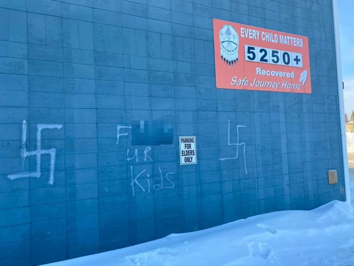 racist-imagery A wall with two swastikas and the words 'f--k ur kids' spray painted on it. Signage on the building says 'elders parking' and 'Every child matters.'