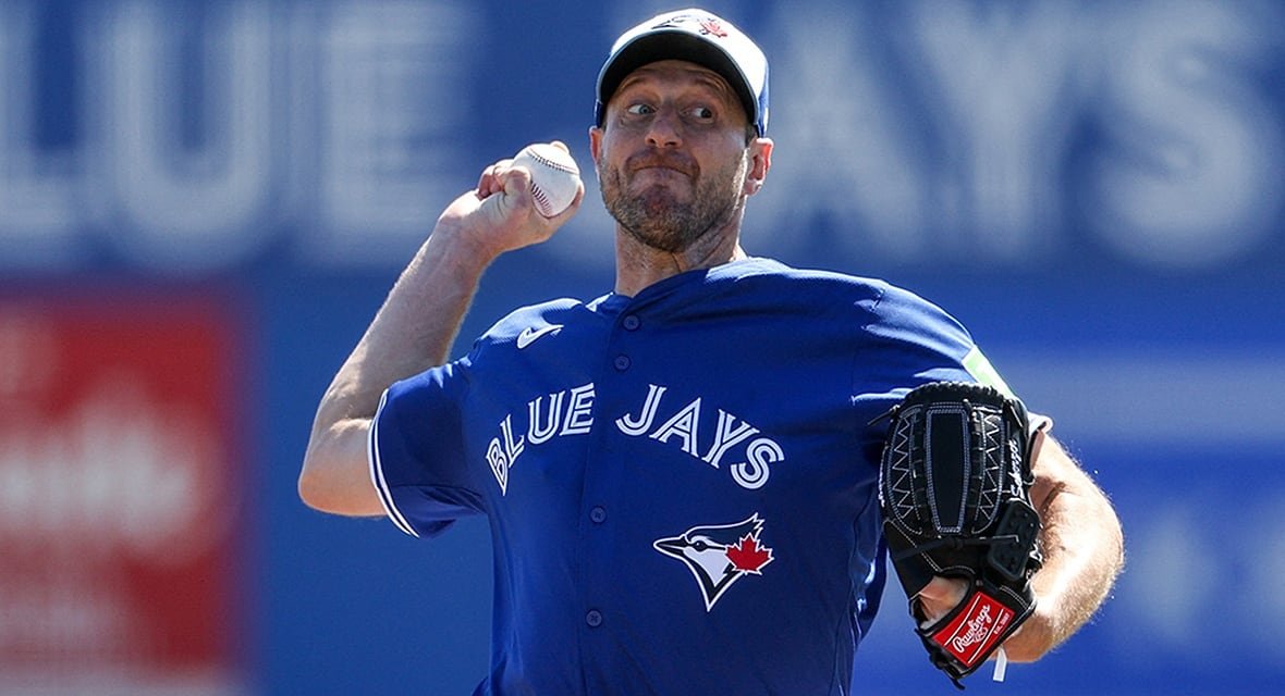 Toronto Blue Jays right-hander Max Scherzer throws a pitch against the visiting Philadelphia Phillies in the second inning during MLB spring training at TD Ballpark in Dunedin, Florida on March 2, 2025.