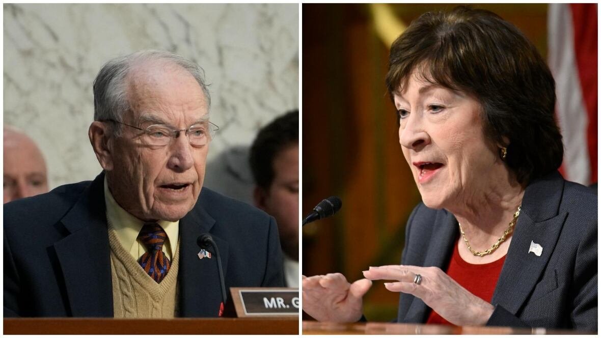 A split screen photo with an older man on the left wearing a blazer overtop a sweater vest. On the right is an older woman with short black hair, wearing a grey blazer and red shirt.