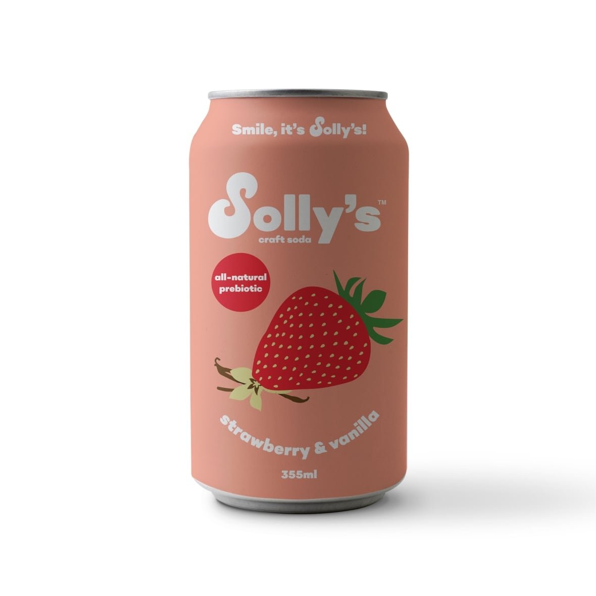 A pink can with a strawberry on it is shown.