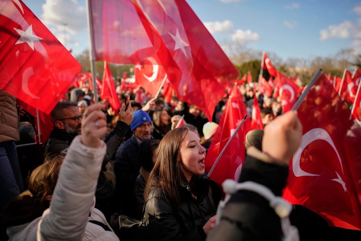 turkey-politics-1 Dozens of people are shown as far as can be shown in an apparent outdoor protest. In the foreground, a young woman with hair past her shoulders is shown, as are several red flags.