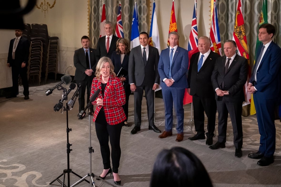 A woman speaks at a mic as a number of men stand behind her, in front of Canadian provincial flags.