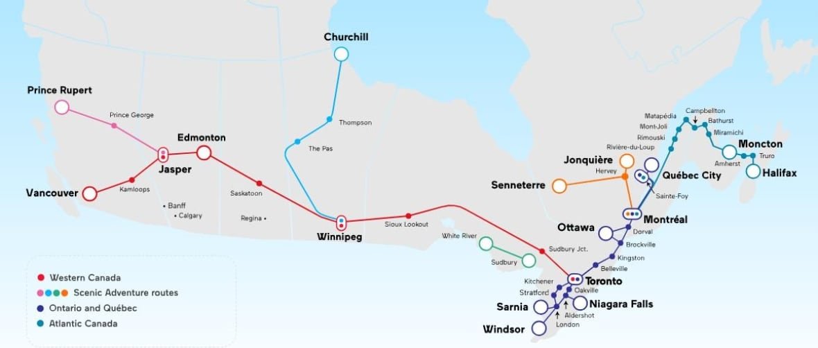 via-rail-map A map showing Via Rail stops from Prince Rupert and Vancouver in the west through to Japser, Edmonton, WInnipeg, north to Churchill and on to Toronto before splitting south to Windsor and northeast to Montreal, Quebec City, Moncton and Halifax.