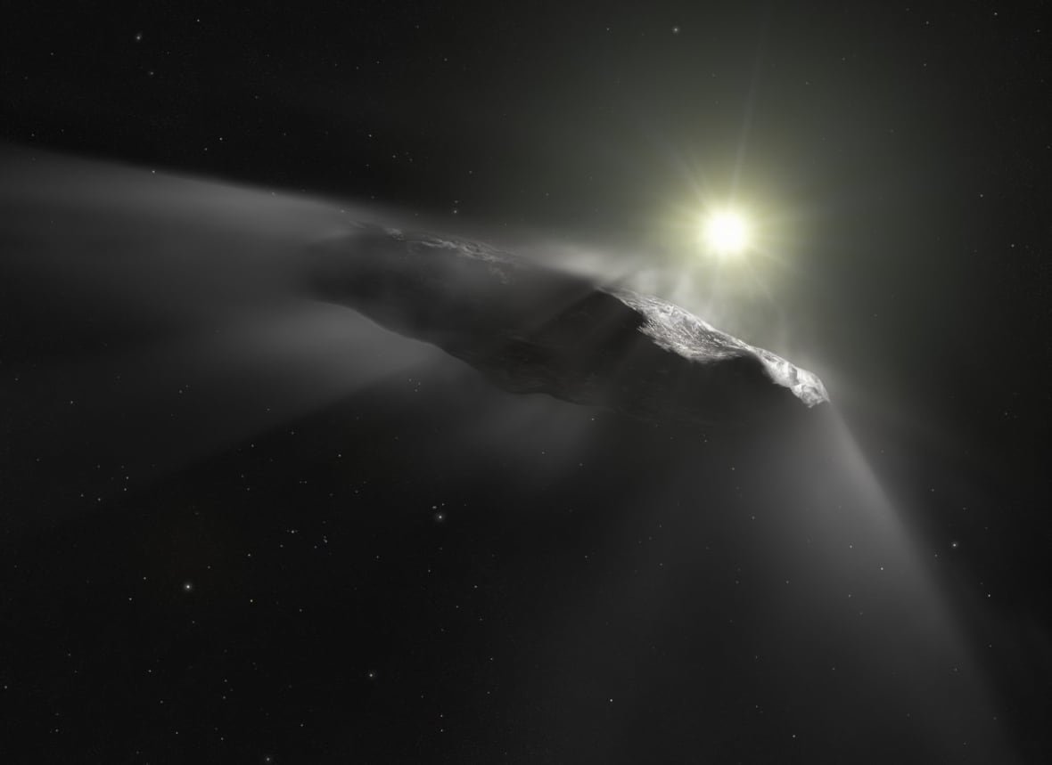 oumuamua A rocky-like object is seen in space venting gases and debris.