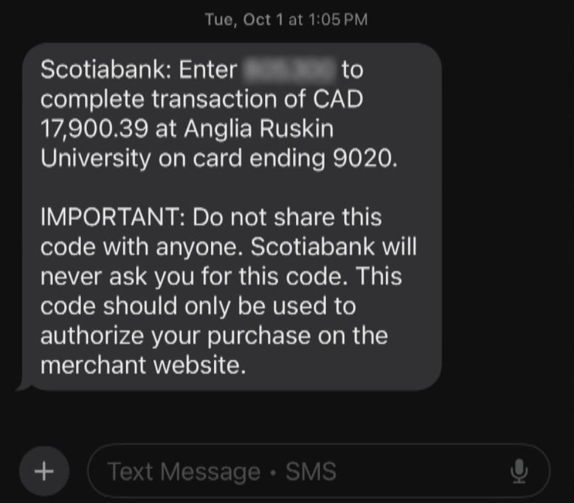 scotiabank-text-message Screenshot of a text message.
