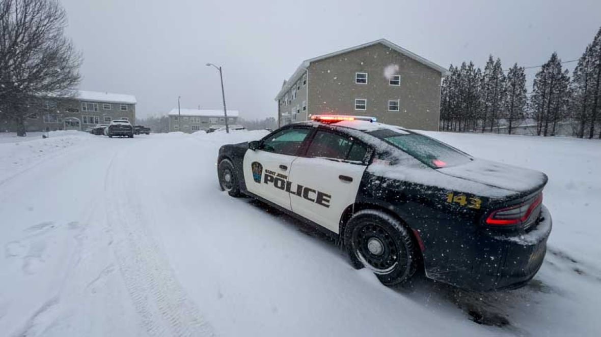 skaling-court-saint-john-murder A police cruiser parked on the side of a snowy road outside some low-rise apartment buildings.