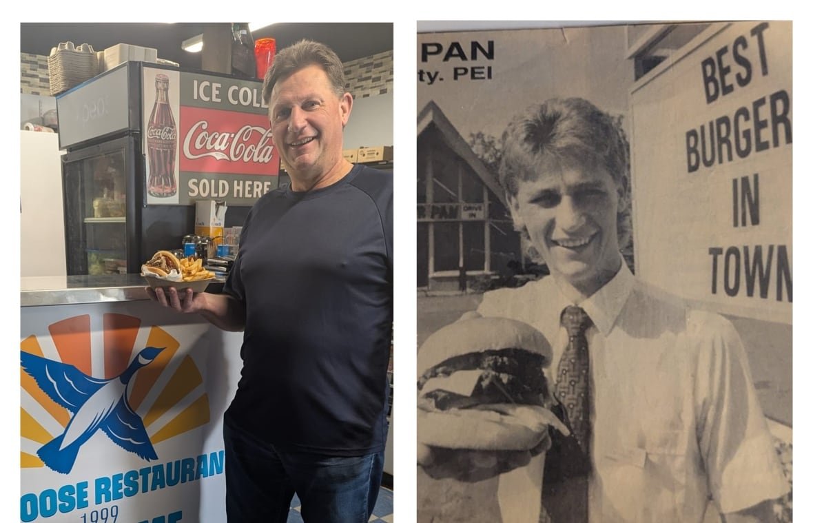 terry-robblee-now-and-then-photo Diptych shows man holding up a hamburger in a cardboard basket with fries in one hand, and on the other side, the same man bout 30 years ago in a similar stance outside the Peter Pan.