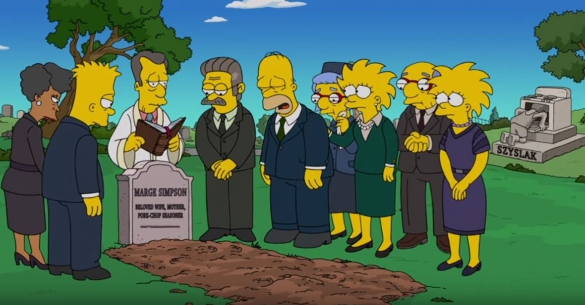 the-simpsons-marge-s-funeral Characters from the TV cartoon series The Simpsons gather around a gravesite.