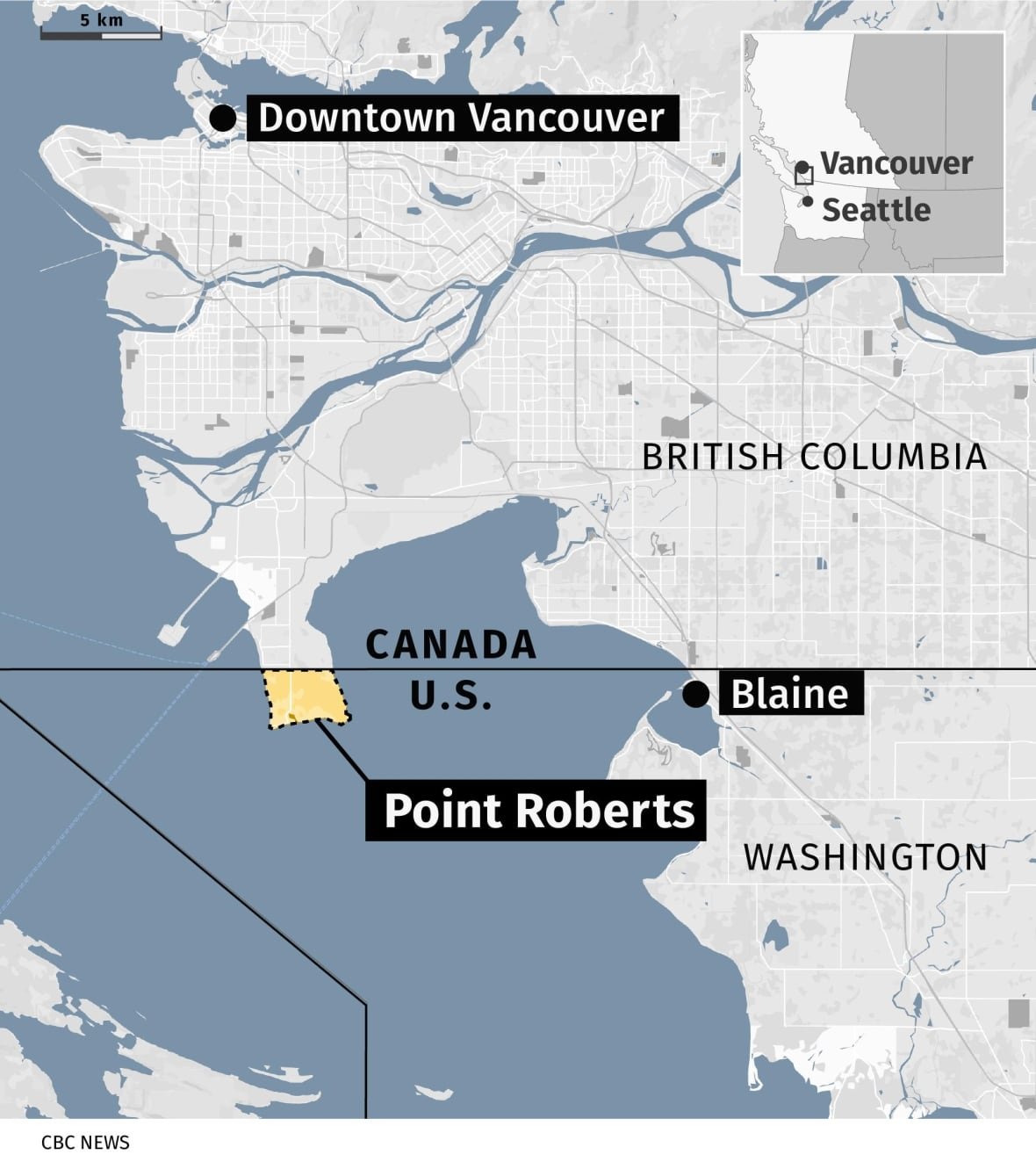 A map depicting the Lower Mainland and Washington state with Point Roberts highlighted in yellow along the border