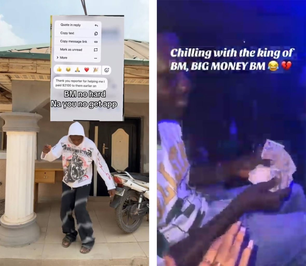 yahoo-boys-dancing Two screenshots showing individuals engaged in fraudulent activities and flaunting ill-gotten wealth.