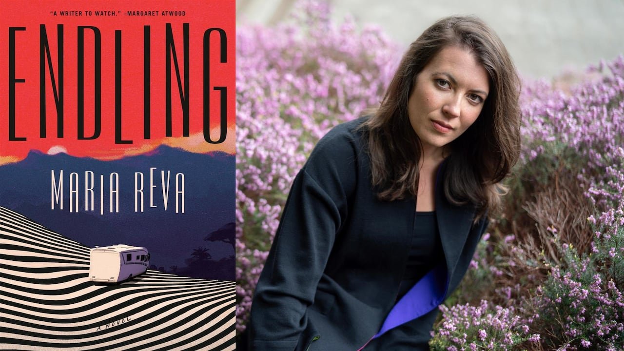 A book cover featuring a trailer car on a striped land with mountains in the background and a black and white headshot of a woman.