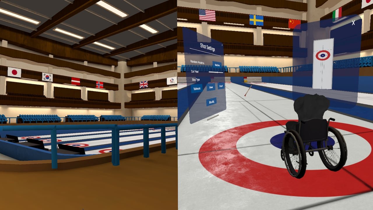 On the left, a look of the competition arena modelled after that in Italy. On the right, a look from on the ice, the wheelchair.