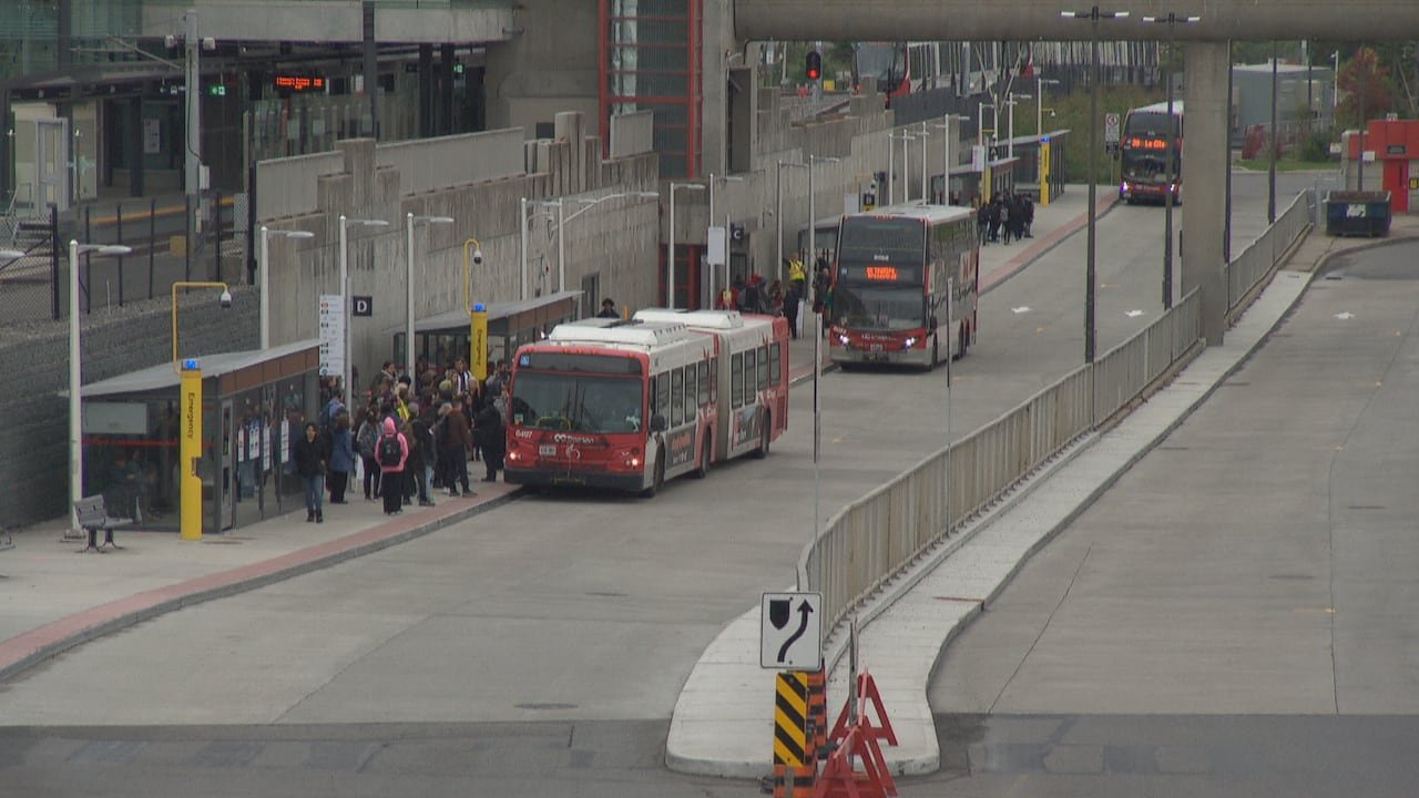 Buses at a city bus station.