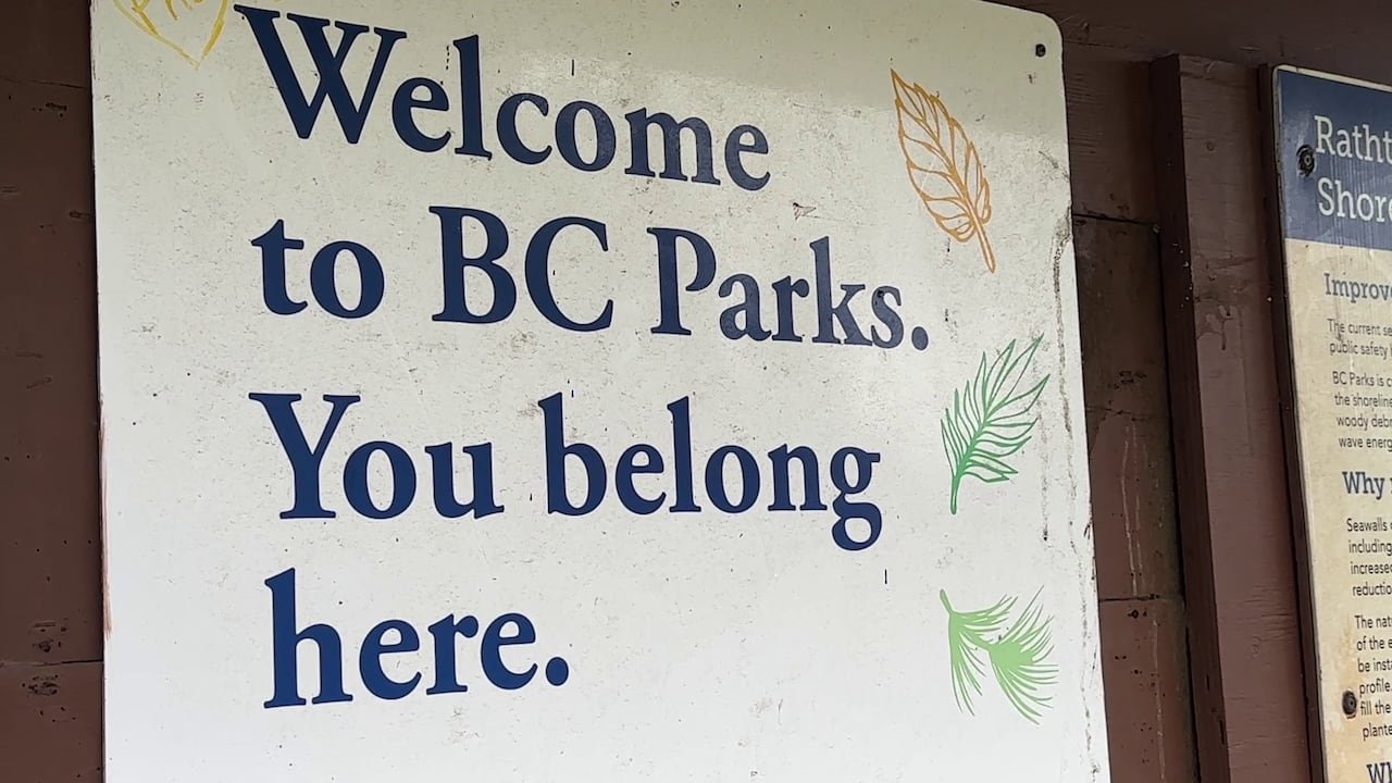 A sign reading 'Welcome to BC Parks. You belong here.'
