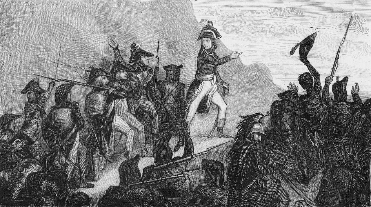 a drawing of Napoleon Bonaparte leading his army in Italy in 1796 during the Revolutionary Wars.
