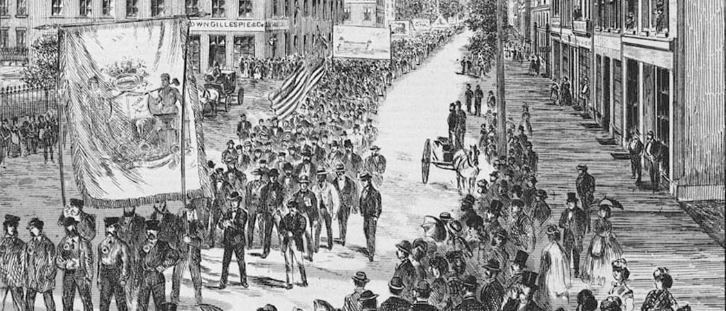 default-493 An illustration depicting workers in a march advocating for shorter work hours during the Nine-Hour Movement.